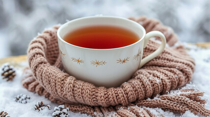 Cozy Winter Tea in a Knit Scarf on a Snowy Day..