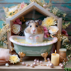 ドールハウスで暮らすハムスターファミリー