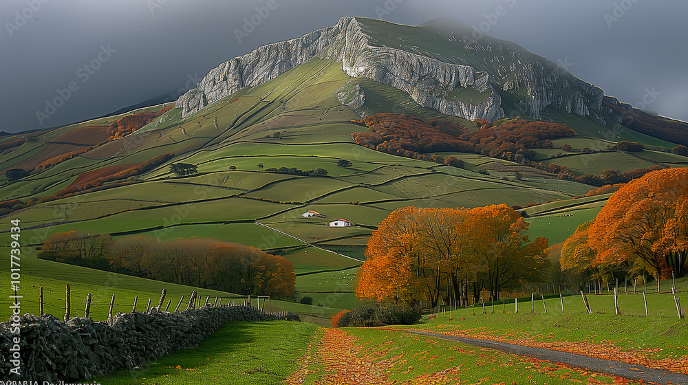 Poster Scenic autumn landscape with mountain and patchwork fields..