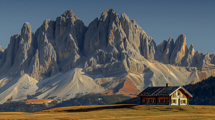 Chalet in alpine meadow beneath towering rocky mountains..