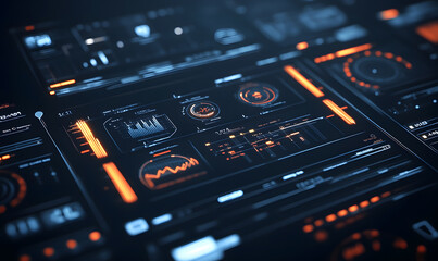 Fototapeta premium Futuristic financial dashboards and luxury business charts with glowing neon lines, gold accents, and connected nodes for corporate branding.