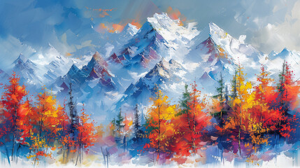 Abstract Mountain Landscape with Vibrant Autumn Forest