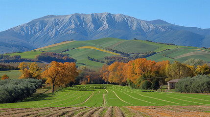 Rolling Green Fields with Autumn Trees and Mountain Backdrop