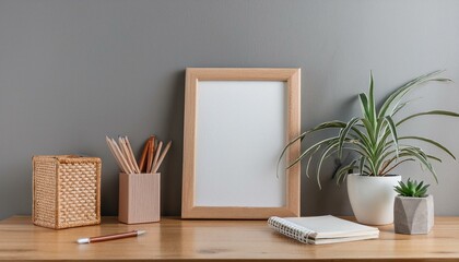 Home office interior with mock up photo frame on the brown wooden table with accessories, paper box,air plant in design pots,pencils notebook and notes. Grey walls. Minimal concept of mockup.
