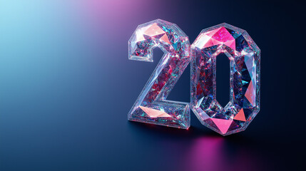Bright number 20 sparkling with crystal reflections on a dark blue background, highlighting celebration and achievement