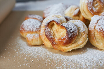 Homemade buns sprinkled with powdered sugar. Selective focus.