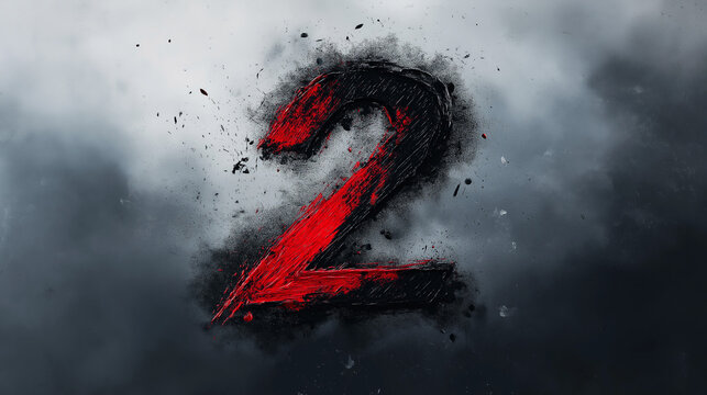 Red number two against a smoky background conveys a sense of drama and anticipation for an upcoming event or release