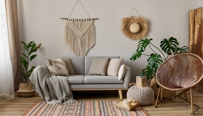 Modern and bohemian composition of interior design at apartment with gray sofa, rattan armchair, wooden cubes, plaid, tropical plant, macrame and elegant accessories. Stylish home decor. Template.