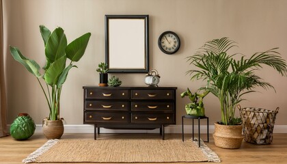 Vintage interior design of living room with stylish retro furnitures, a lot of plants, commode, black clock and brown poster mock up frame on the beige wall. Stylish home decor. Template.
