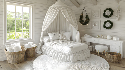 Cozy bedroom interior featuring a soft white bed with decorative pillows, a stylish canopy, and natural light streaming in.