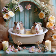 ドールハウスで暮らすハムスターファミリー