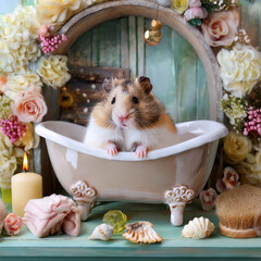 ドールハウスで暮らすハムスターファミリー