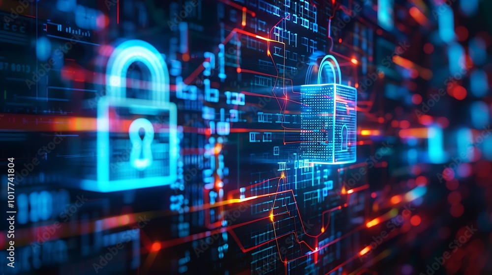 Poster glowing digital lock icons for representing cybersecurity and data protection in modern technology c