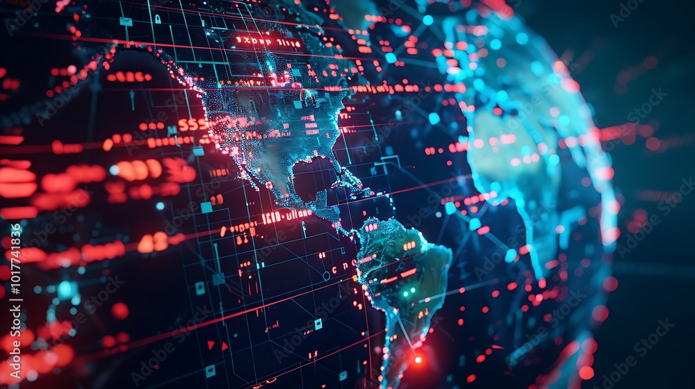 Poster digital representation of the globe with glowing red and blue lines representing global interconnect