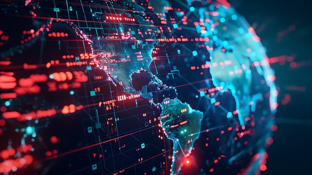 Digital representation of the globe with glowing red and blue lines representing global interconnectedness.