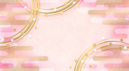 和紙質感の金色の輪ストロークと和雲の背景、新年の行事やお祝い事等へ