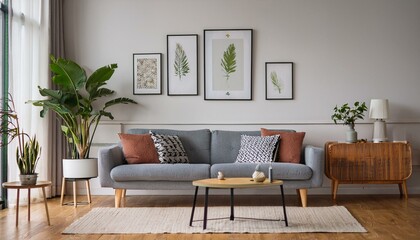 Stylish and retro living room with design grey sofa, retro table, commode lamp and furniture. Mock up posters frames on the white walls. Minimalistic room with brown wooden parquet and plants.
