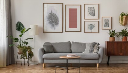 Stylish and retro living room with design grey sofa, retro table, commode lamp and furniture. Mock up posters frames on the white walls. Minimalistic room with brown wooden parquet and plants.