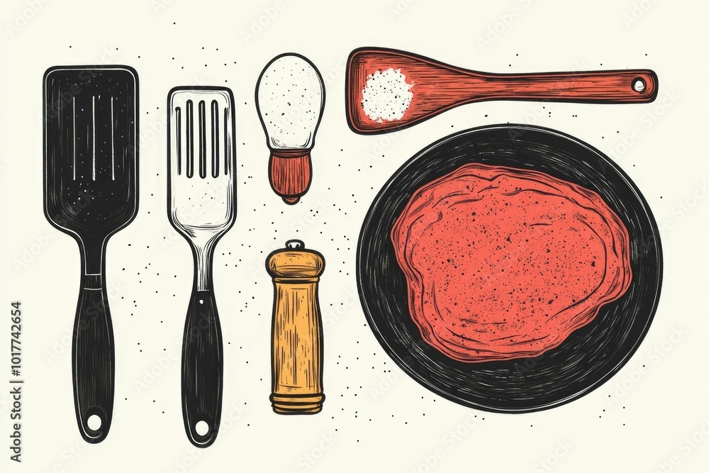 Poster of a set of basic cooking utensils including a frying pan spatula and salt shaker grouped together a