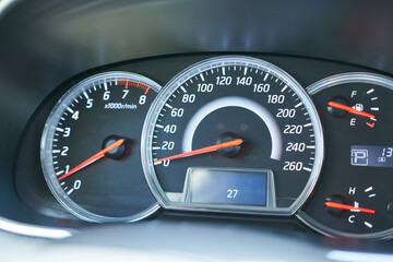 Close up of a speedometer in a car, shallow depth of field