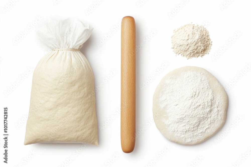 Poster centered of a simple minimalist design featuring a rolling pin flour bag and dough isolated on a cle
