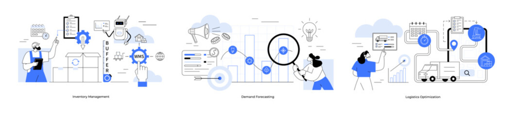 Logistics optimization, inventory management, demand forecasting. Data analysis, logistics management. Ideal for logistics coordination, data analysis, process optimization, business strategy. Cartoon
