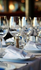 Fototapeta premium Sophisticated table setting featuring elegant glassware and meticulously arranged napkins, ideal for a luxurious fine dining experience