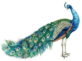 Obraz premium Watercolor illustration of an elegant peacock with a full plume clipart