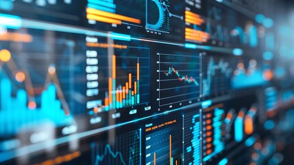 Fototapeta premium Close-up view of digital dashboard with data visualizations charts and graphs for analytics business intelligence performance tracking decision making and data driven strategy concept.
