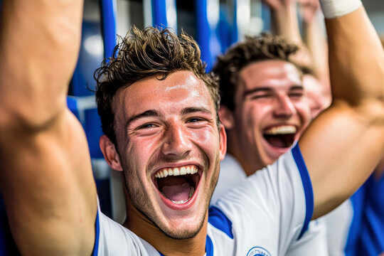 Excited soccer players celebrating victory in locker room - Powered by Adobe