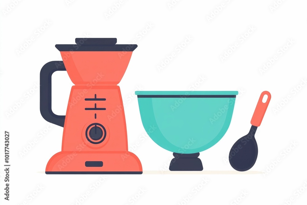 Poster minimalistic icon depicting a blender mixing bowl and cooking spoon in a flat simplified design styl