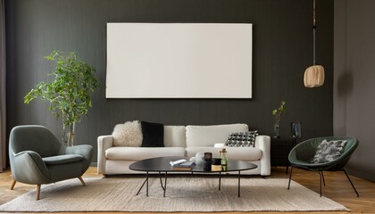 Asthetic composition of living room interior with mock up poster frame, modular sofa, black coffee table, white armchair, carpet, pouf, dark wall and personal accessories. Home decor. Template.