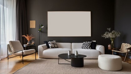 Asthetic composition of living room interior with mock up poster frame, modular sofa, black coffee table, white armchair, carpet, pouf, dark wall and personal accessories. Home decor. Template.