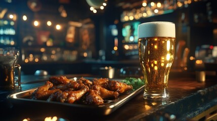 Naklejka premium A well-lit pub scene featuring a glass of golden beer and a tray of hot, crispy chicken wings, emphasizing the perfect comfort food pairing.