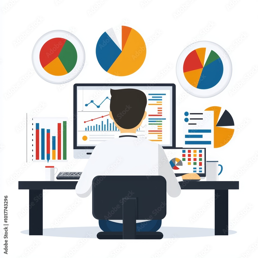 Poster professional analyzing data and charts on a computer screen in a modern office setting.