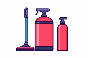 Set of simple icons depicting common cleaning supplies   a vacuum cleaner a duster and a spray bottle  These three cleaning tools are grouped together on a clean white background