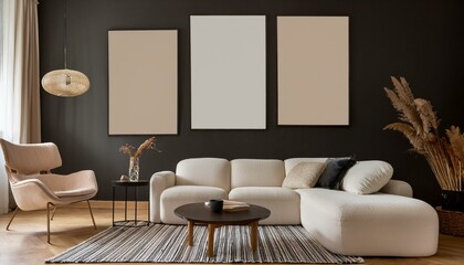 Asthetic composition of living room interior with mock up poster frame, modular sofa, black coffee table, white armchair, carpet, pouf, dark wall and personal accessories. Home decor. Template.