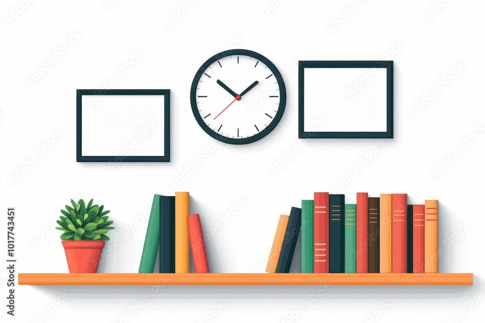 Poster minimalist icons for home and office decor with clock bookshelf and picture frame clean simple desig