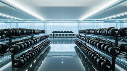 A wide shot of multiple rows of dumbbells in a modern fitness center, arranged neatly on racks with reflections from the polished floor below