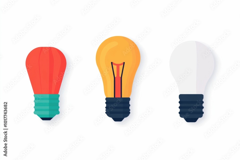 Poster minimalist icons depicting a ceiling fan light bulb and lamp grouped together in a flat simple desig