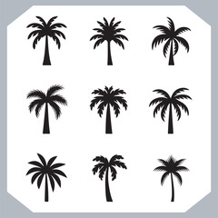 Set of logotype black simple palm tree vector silhouettes, Palm Trees Silhouette, Coconut Tree Silhouette on white background