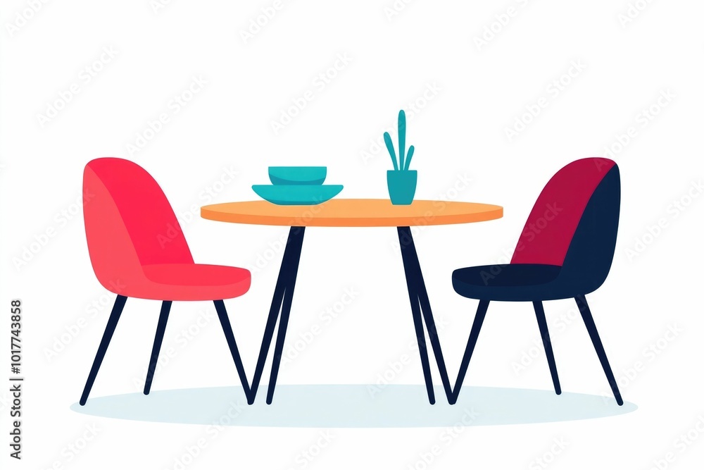 Poster a simple icon depicting a minimalist dining table with two chairs and a set of plates showcasing a c