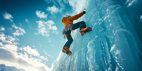Bottom view of a alpinis man climbing a large ice wall.