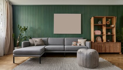 Interior design of living room with gray sofa, design pouf, wooden cube, shlef and elegant personal accessories. Green wood panelling with shelf. Modern home decor. Mock up poster frame. Template