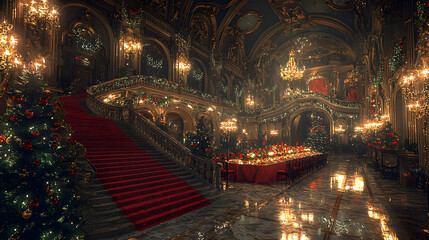 Obraz premium Opulent banquet hall adorned with Christmas decor, featuring grand chandelier, festive trees, and elegant staircase for holiday gatherings.