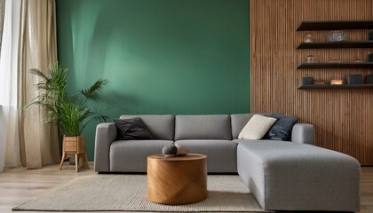 Interior design of living room with gray sofa, design pouf, wooden cube, shlef and elegant personal accessories. Green wood panelling with shelf. Modern home decor. Mock up poster frame. Template