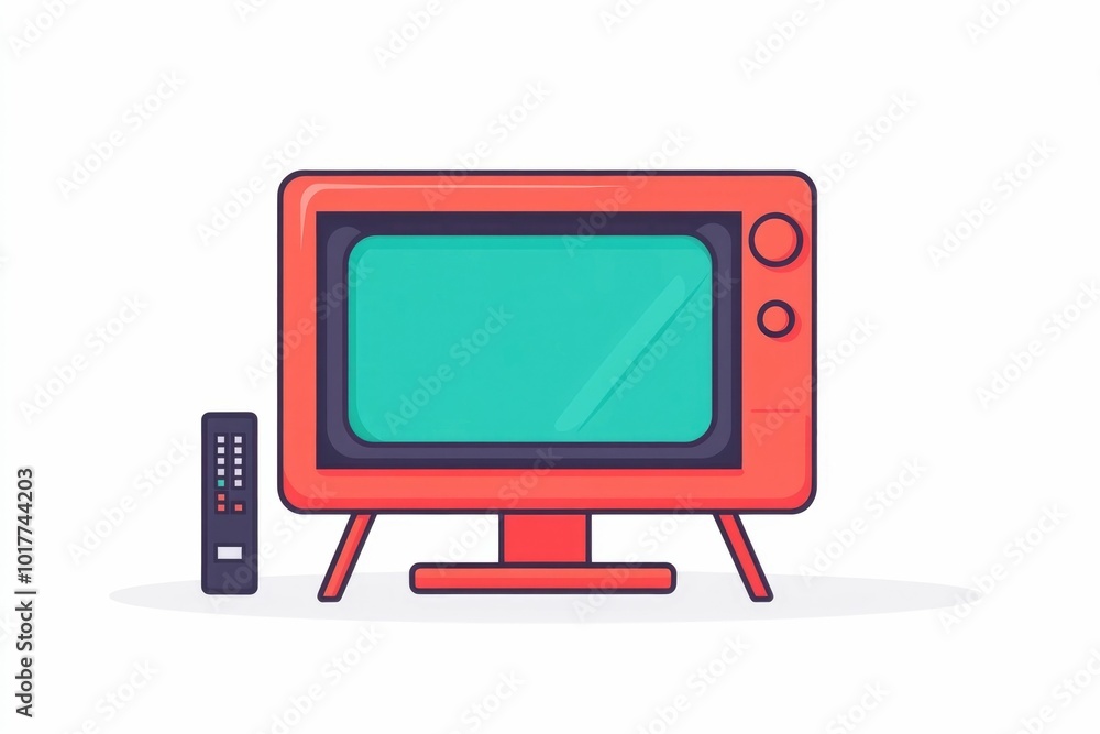 Poster simple icon depicting a television set with a remote control and stand grouped together on a clean w