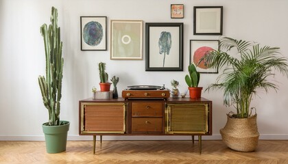 Elegant and retro decor of living room with design commode, coffee table vinyl recorder, cacti and mock up posters frames on the white walls. Stylish room with brown wooden parquet and plants.