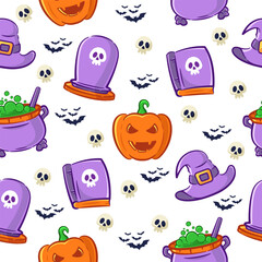 Halloween seamless pattern with vector cute cartoon design style suitable for background, textile fabric design, wrapping paper, and wallpaper