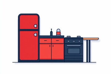 Minimalistic depicting a simplified stylized kitchen setup with a refrigerator stove and dining table against a clean white background  The image showcases a modern